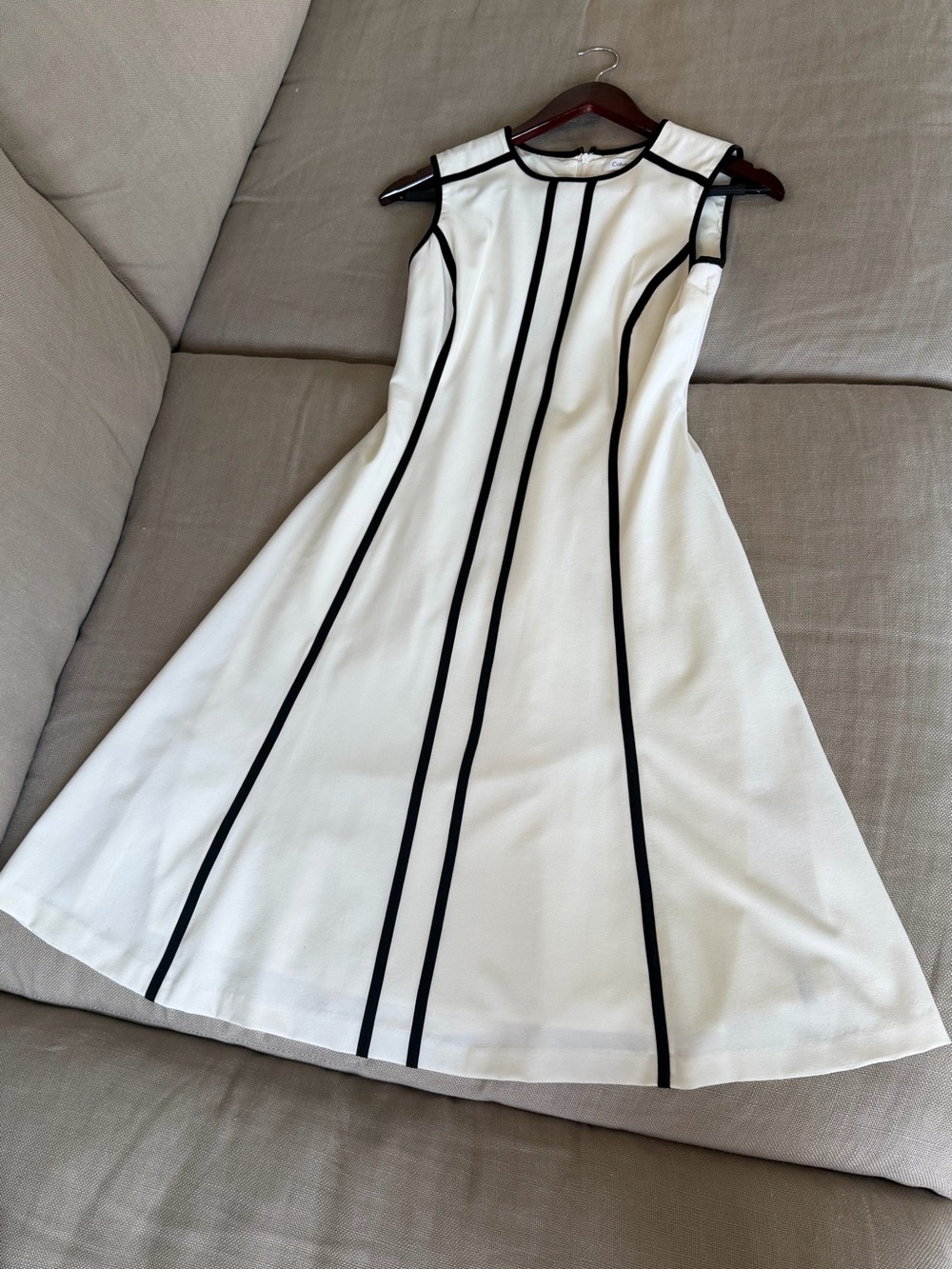 Calvin Klein White Sleeveless A-Line Dress with Black Piping
